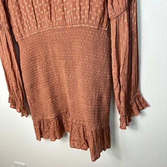 Tularosa Dress Edie Mini Smocked Ruffle Long Sleeve Satin Printed Rust Copper M - Picture 8 of 8
